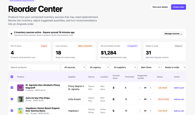 Airgoods Reorder Center — POS-powered replenishment dashboard