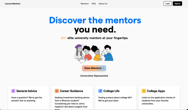 Lacuna Mentors landing page — "Discover the mentors you need"