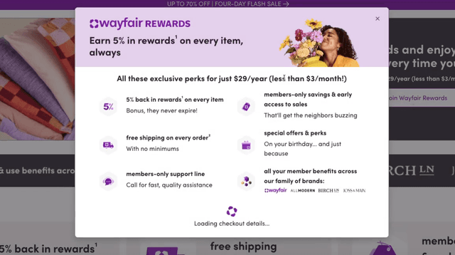 Wayfair Rewards standalone purchase modal preview mock