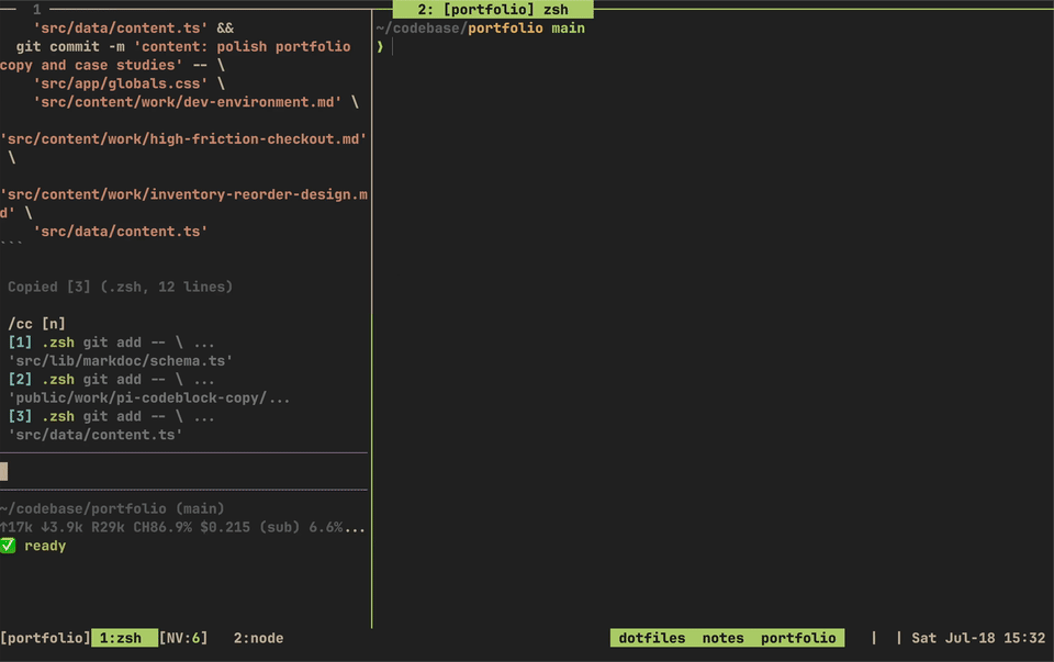 pi-cc opening the code block picker with the /cc command and copying a selected block